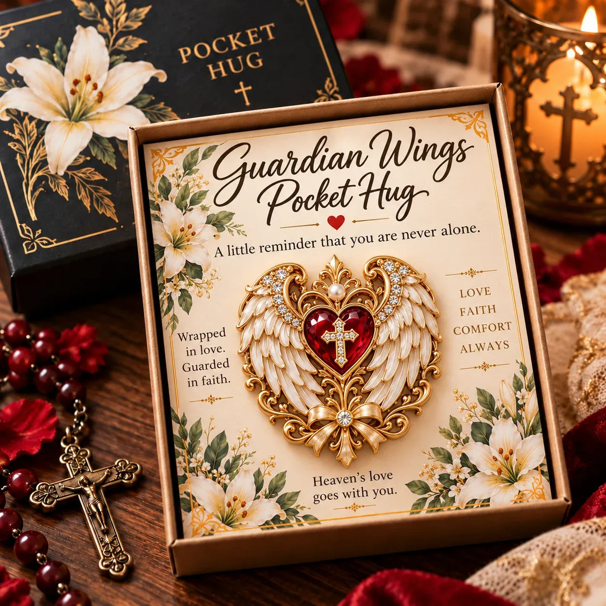 Guardian Wings Pocket Hug with a red heart, sculpted wings, message card and floral presentation box