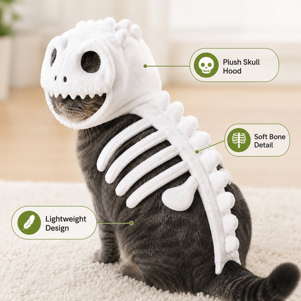 Close view of plush skull hood and raised dinosaur bone details