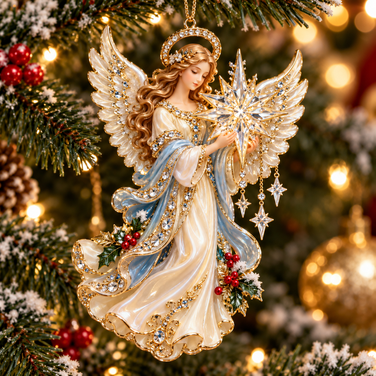 Angel holding crystal Christmas star ornament