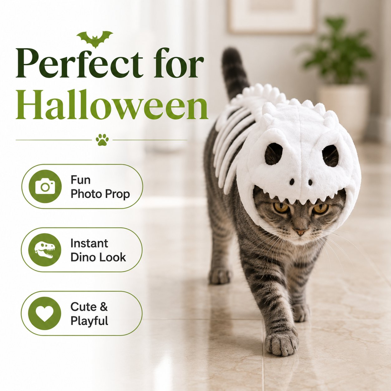 Cat wearing dinosaur costume for Halloween photos