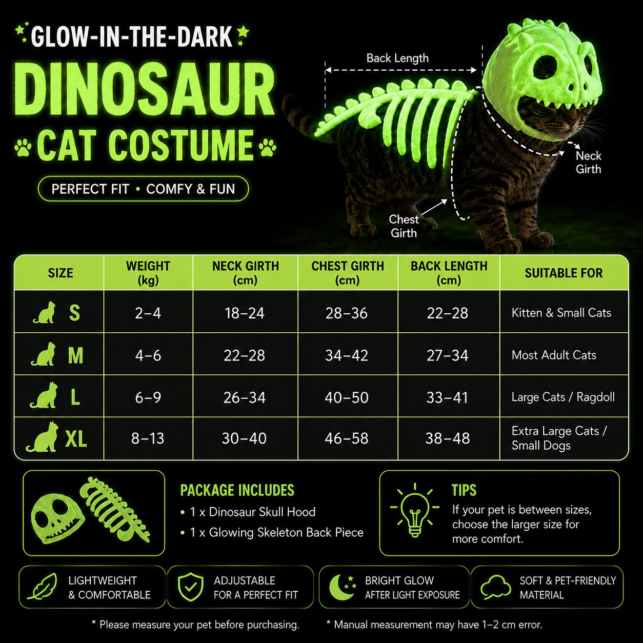 Size chart for dinosaur skeleton cat costume