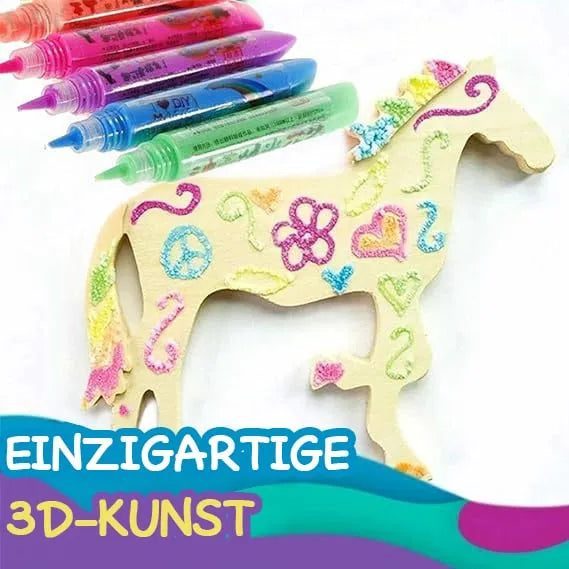 A wooden horse craft decorated with colorful raised patterns