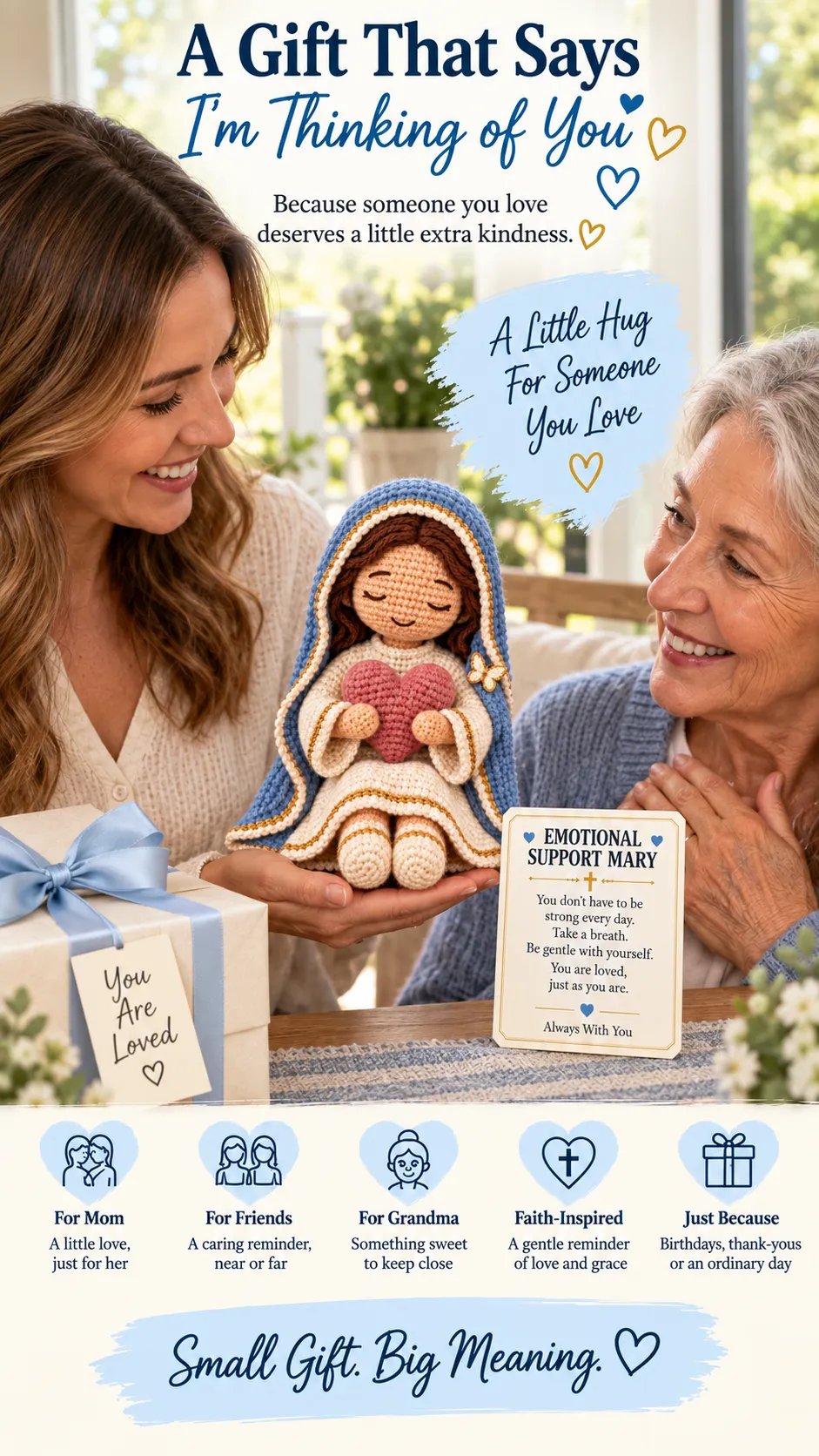 ⏳ Last Day 49% OFF – 💙 Always With You Mary Comfort Doll | Handmade Crochet Companion Holding A Heart with Encouragement Card ✨