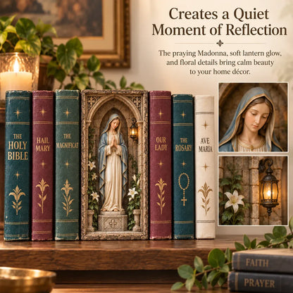 🙏 Virgin Mary Lighted Book Nook – Sacred Chapel Bookshelf Decor