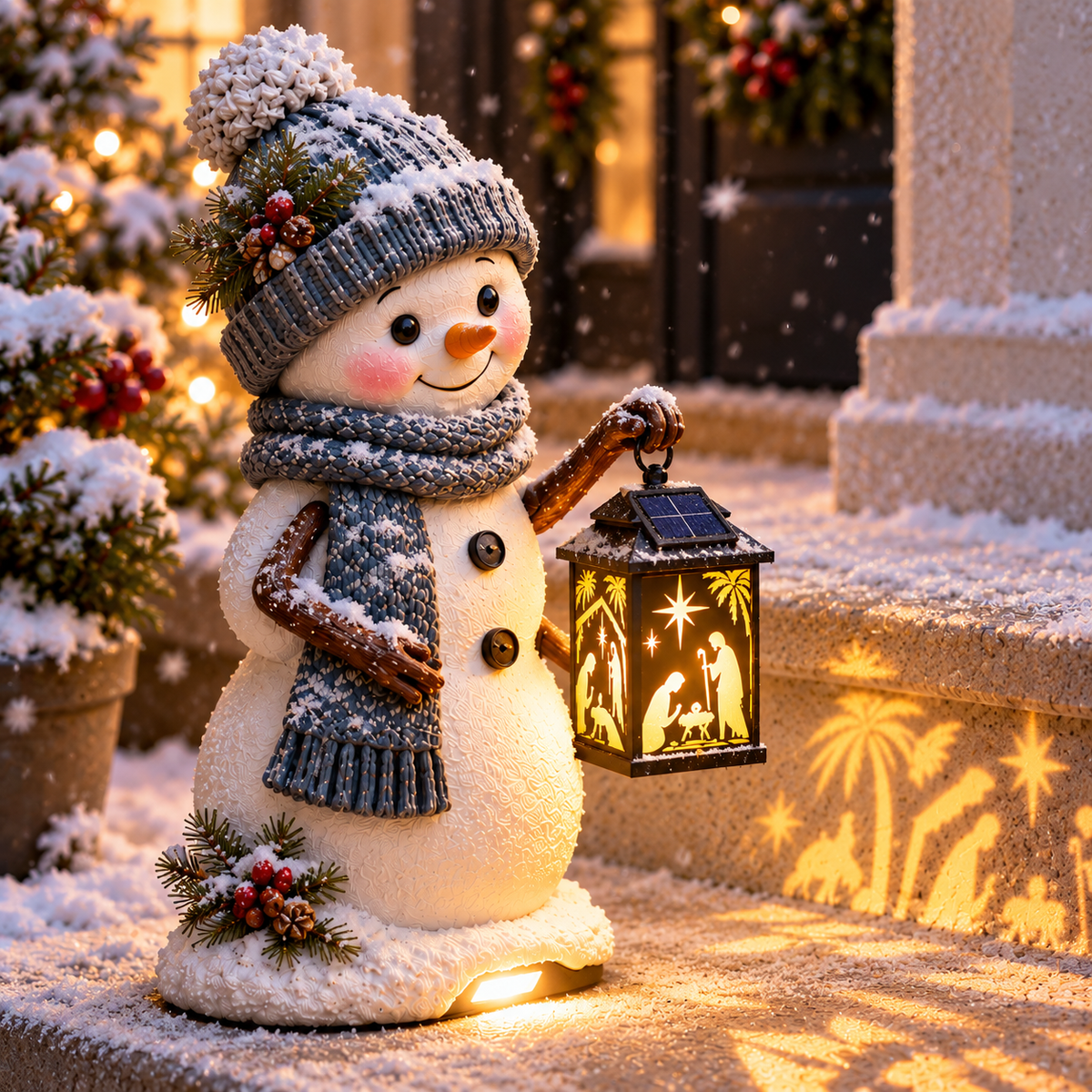 🔥 Last Day 49% OFF🔥⛄ Snowman Nativity Glow™ – Solar Christmas Step Light with Holy Family Projection