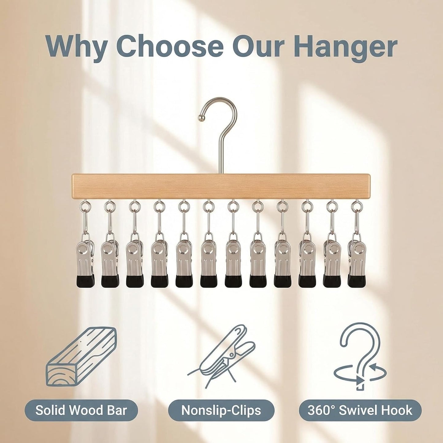 Pure Wood Rotating Closet Organizer with 12 Clips, Legging Hangers for Closet Organizer- 360 Rotating Metal Clips with Silicone Lining, Space Saving Hanging for Jeans Skirts Socks