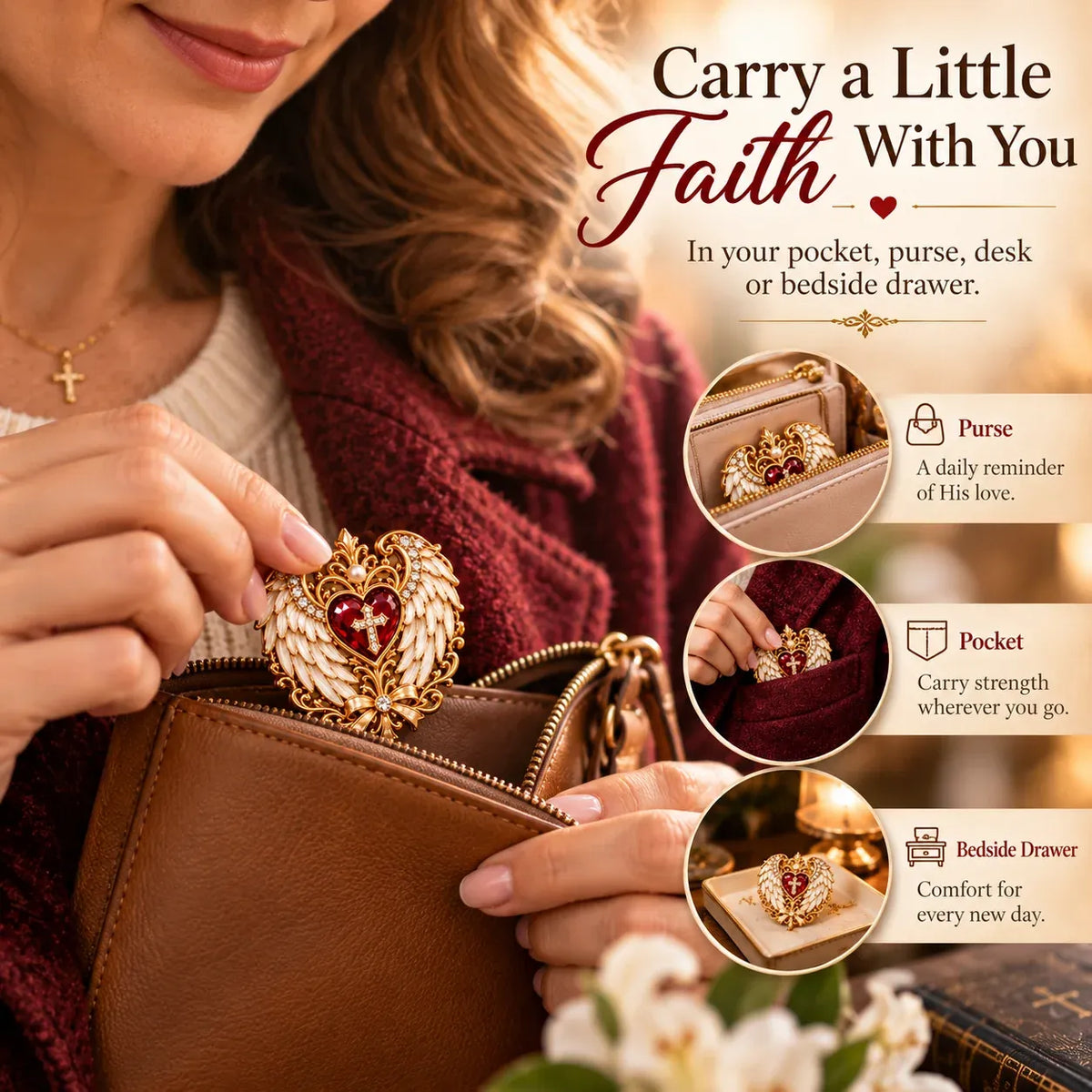 A woman placing a faith-inspired Pocket Hug into her purse
