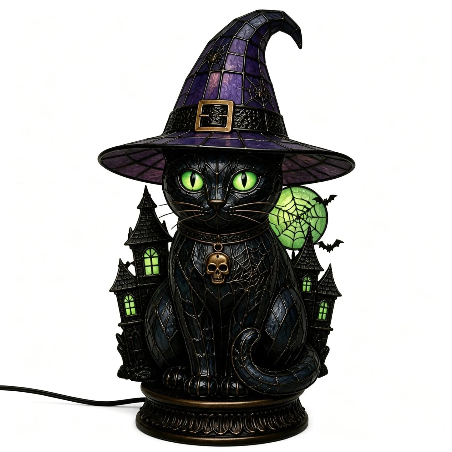 🐈 Gothic Stained Glass Witch Black Cat Table Lamp | Halloween Witch Hat Night Light Decor