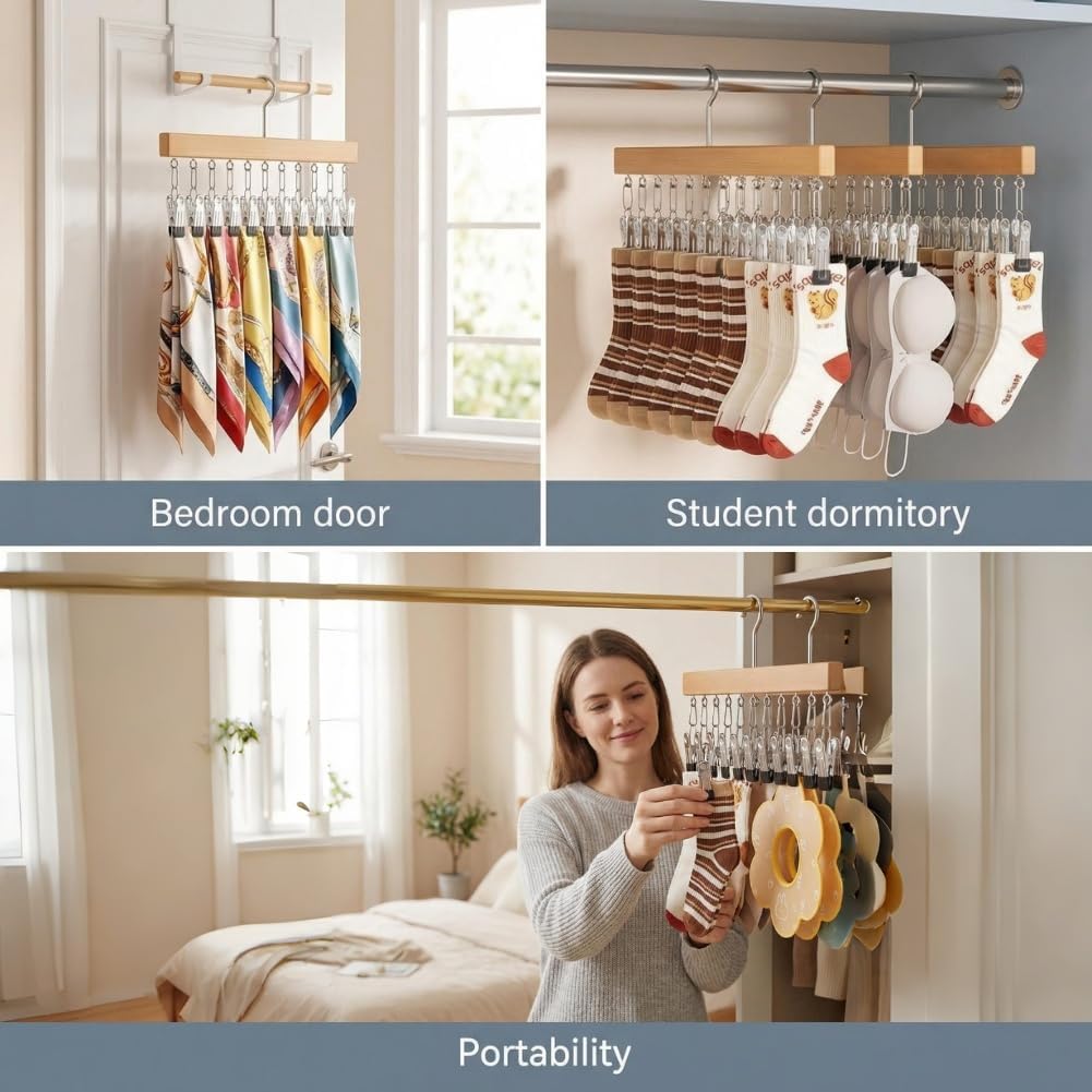 Pure Wood Rotating Closet Organizer with 12 Clips, Legging Hangers for Closet Organizer- 360 Rotating Metal Clips with Silicone Lining, Space Saving Hanging for Jeans Skirts Socks
