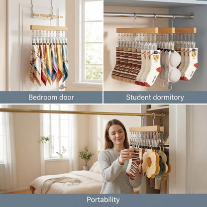 Pure Wood Rotating Closet Organizer with 12 Clips, Legging Hangers for Closet Organizer- 360 Rotating Metal Clips with Silicone Lining, Space Saving Hanging for Jeans Skirts Socks