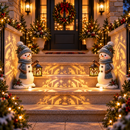 🔥 Last Day 49% OFF🔥⛄ Snowman Nativity Glow™ – Solar Christmas Step Light with Holy Family Projection