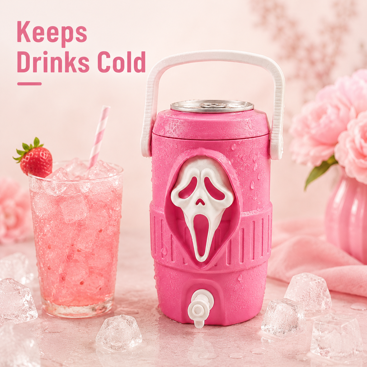 Pink ghost can cooler styled with a chilled drink