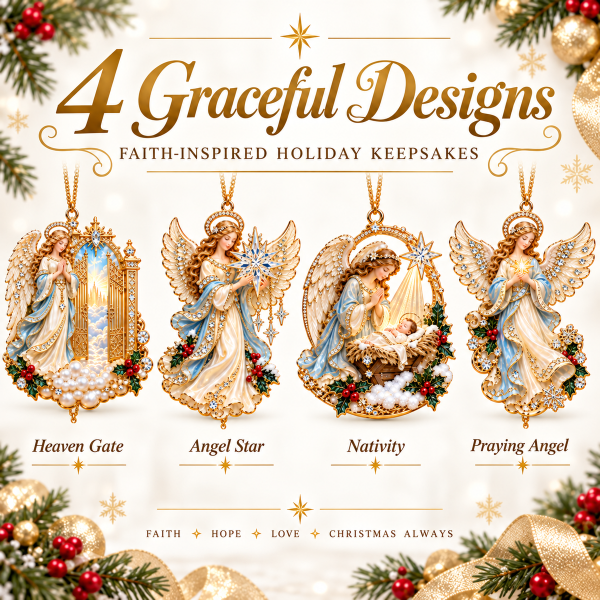 Four faith inspired angel Christmas ornament designs