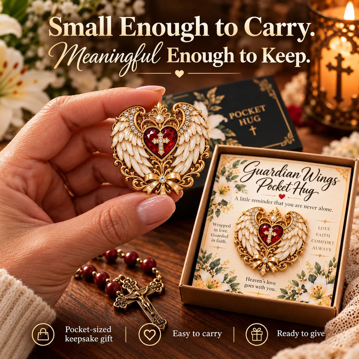 A Guardian Wings Pocket Hug held in the palm to show its small keepsake size