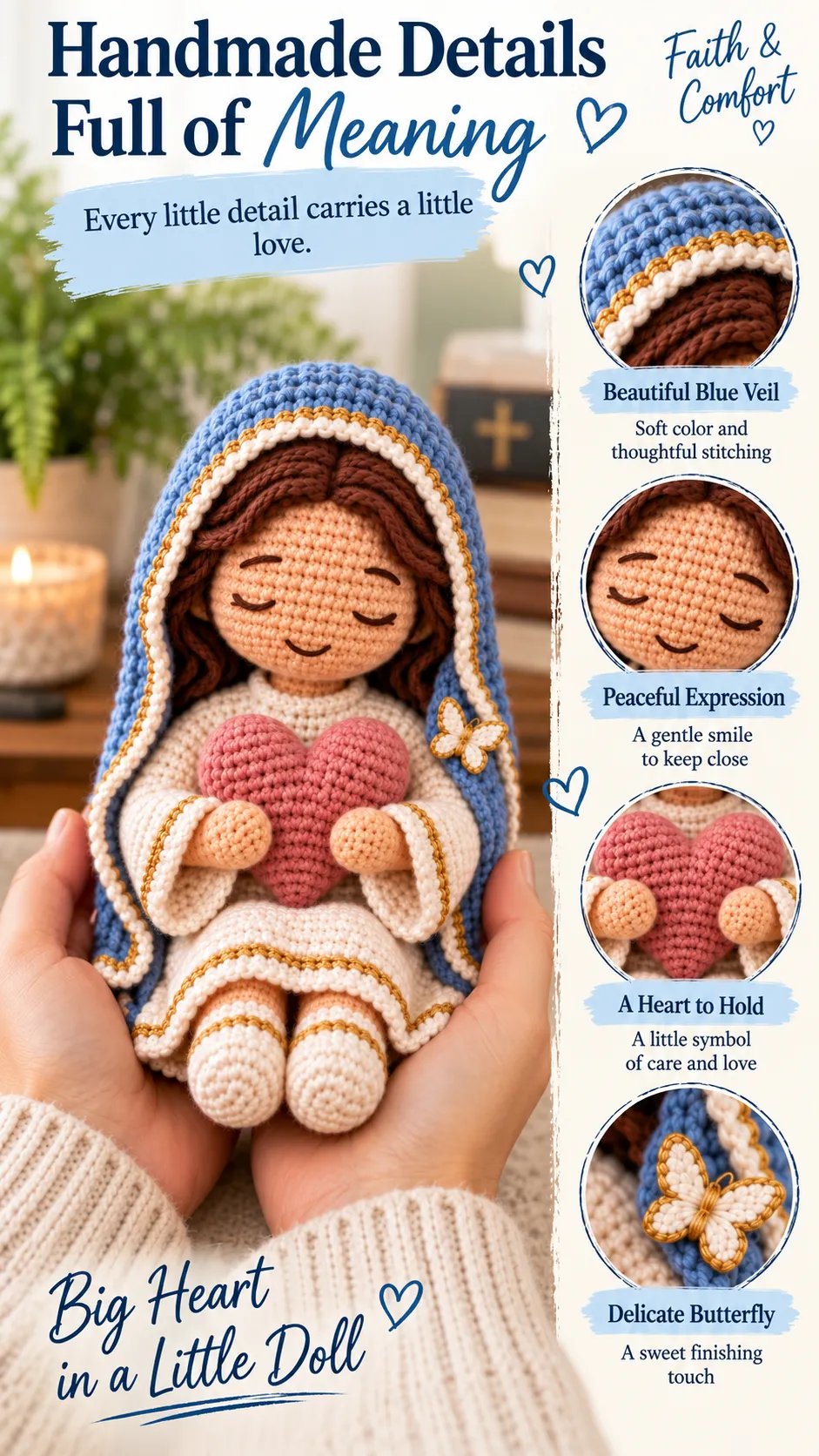 ⏳ Last Day 49% OFF – 💙 Always With You Mary Comfort Doll | Handmade Crochet Companion Holding A Heart with Encouragement Card ✨