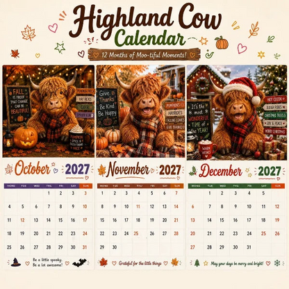 2027 Funny Highland Cow Wall Calendar | A4 Hanging Calendar | Designed by Isabel Kline