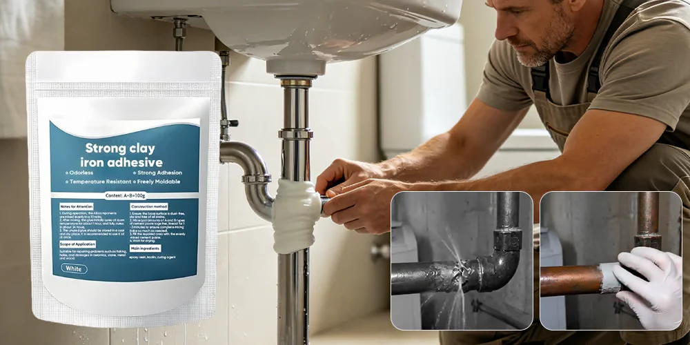 Repair putty being applied to a leaking pipe below a sink